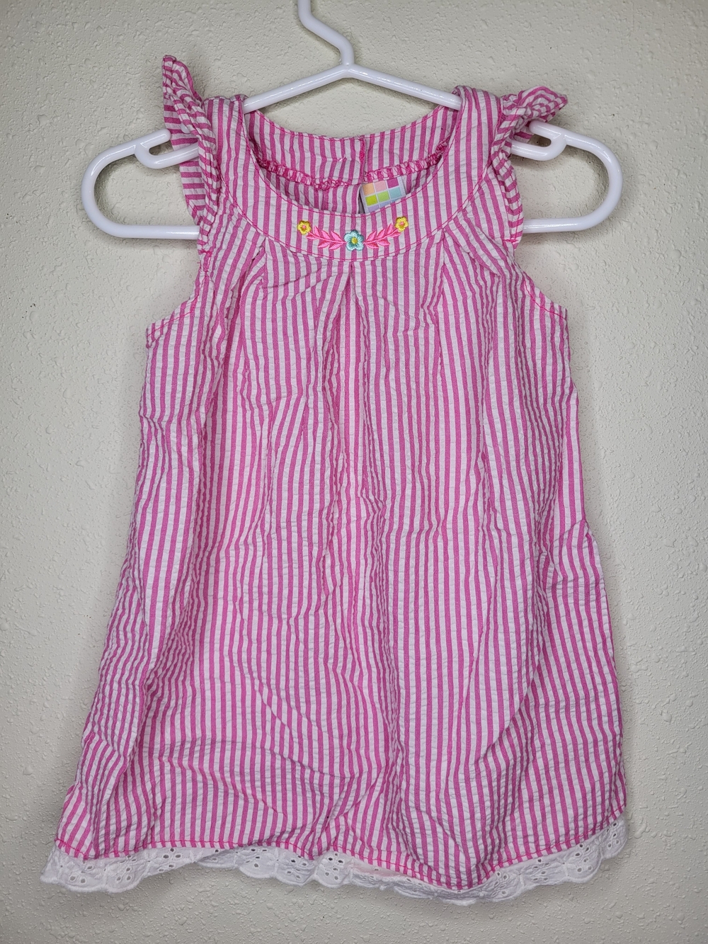 healthtex Pink and White Striped Sleeveless Sundress Top with Eyelet Hem